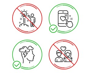Do or Stop. Mindfulness stress, Heart rating and Creative idea icons simple set. Couple love sign. Cloud storm, Phone feedback, Startup. People in love. People set. Line mindfulness stress do icon