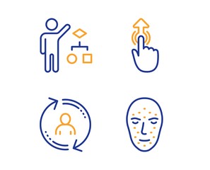 Algorithm, Swipe up and User info icons simple set. Face biometrics sign. Developers job, Touch technology, Update profile. Facial recognition. People set. Linear algorithm icon. Colorful design set