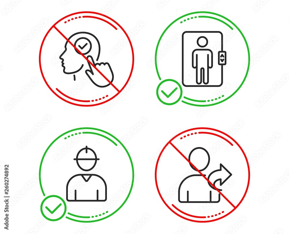 Poster do or stop. select user, engineer and elevator icons simple set. refer friend sign. head with checkb