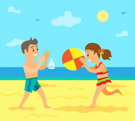 Obraz na płótnie Canvas Boy and girl playing volleyball on beach, smiling people on coast throw ball. Sailboat and flying birds, summer activity, teenagers full length view vector