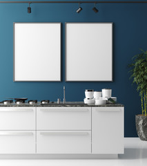 Mock up poster frame in contemporary kitchen interior, modern style, 3d render