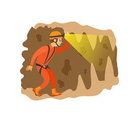 Man wearing helmet with light going in cave, male insurance going in antre, side view of person in orange suit, extreme or dangerous tourism vector