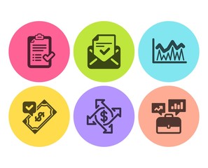 Approved mail, Investment and Payment exchange icons simple set. Approved checklist, Accepted payment and Business portfolio signs. Confirmed document, Economic statistics. Education set. Vector