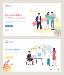 Time to travel vector, touristic agency woman looking at laptop search tour for client,. Businessman holding surfing board, man and lady with map. Website or webpage template, landing page flat style