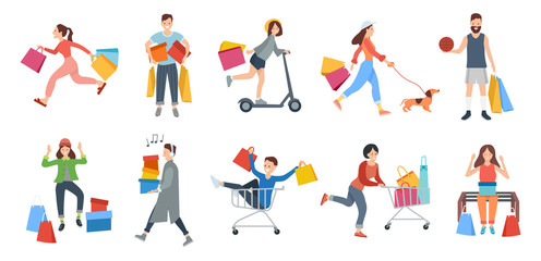 People shopping vector, woman walking with pet holding packages from shops, isolated set. Singing man, male sitting in cart smiling, lady shopaholic