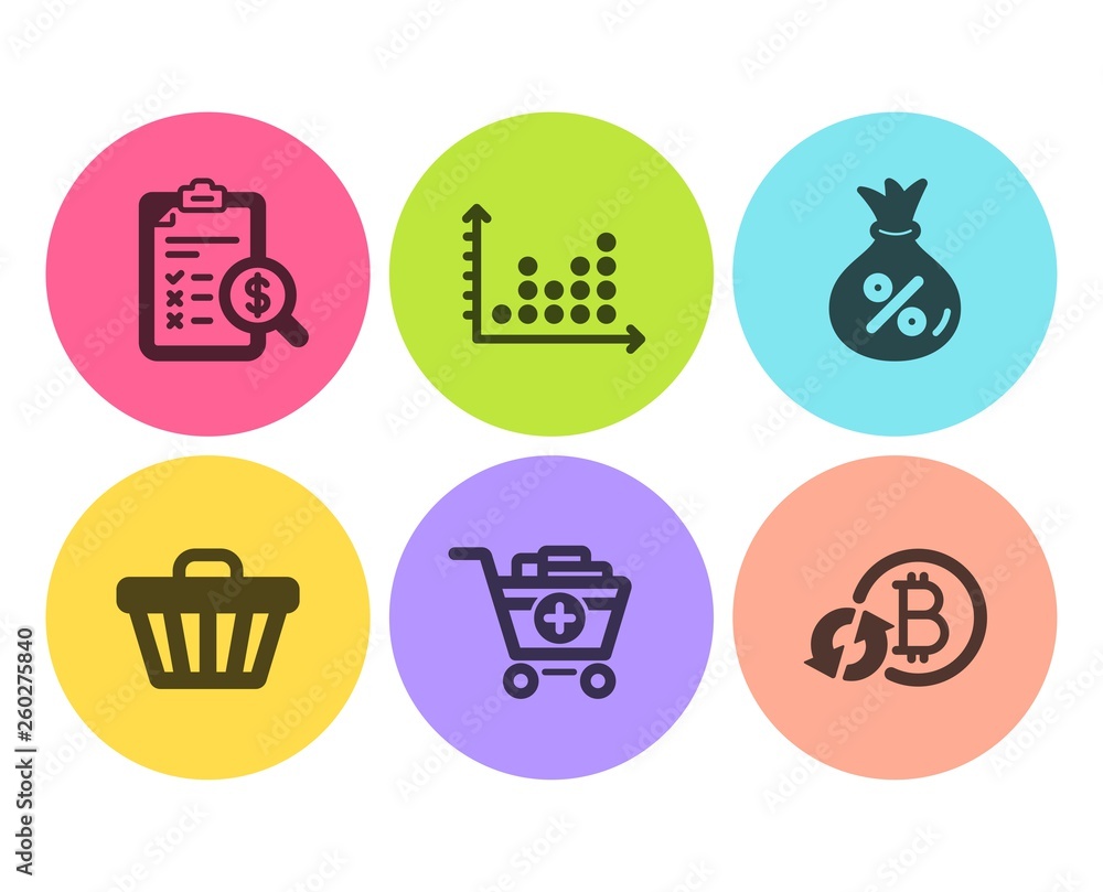Poster accounting report, dot plot and loan icons simple set. shop cart, add products and refresh bitcoin s