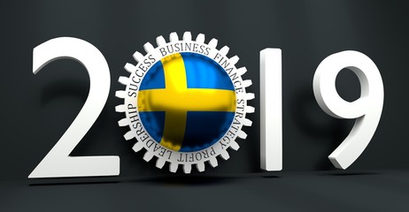 Cog wheel with Sweden flag. Precision machinery relative backdrop. 2019 year number. 3D rendering