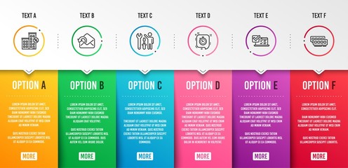 Online survey, Timer and Send mail icons simple set. Repairman, Loan house and Ram signs. Quiz test, Time management. Technology set. Infographic template. 6 steps timeline. Business options. Vector