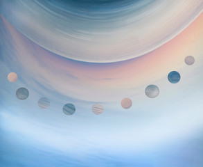 Abstract background with space stylization of large semicircles, small round planetary elements and against the sky.