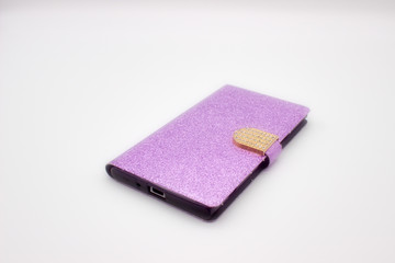 Shining Violet Case For A Smartphone With Sparkles And Golden Buckle. The Isolated Image On White Background