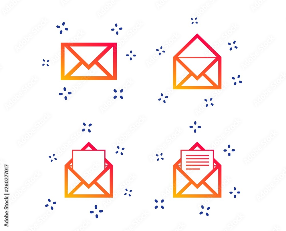 Poster mail envelope icons. message document symbols. post office letter signs. random dynamic shapes. grad