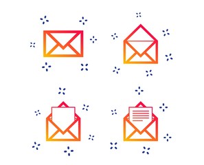 Mail envelope icons. Message document symbols. Post office letter signs. Random dynamic shapes. Gradient mail icon. Vector