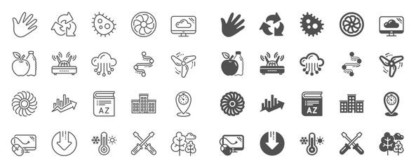 Company building, Vocabulary, Profits timeline line icons. Turbine, Wind, Thermostat icons. Tree, Bacteria, Healthy food. Company chart, wind turbine. Cloud services, Timeline, Download. Vector