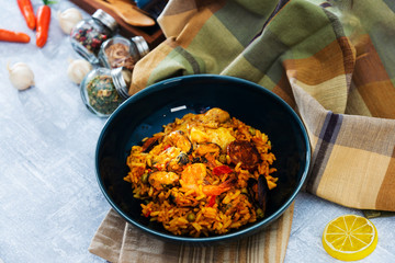 Prawn with rice - closeup of prawn with rice - traditionnal spanish food paella