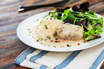 Veal Paupiette stewed with cream and rice