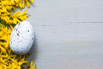 Easter egg and flowers on ble wooden background.