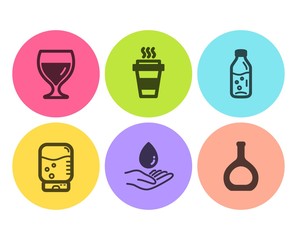 Water care, Wine glass and Water cooler icons simple set. Takeaway, Cognac bottle signs. Aqua drop, Cabernet wineglass. Food and drink set. Flat water care icon. Circle button. Vector