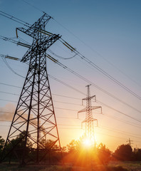 Fototapeta premium distribution electric substation with power lines and transformers