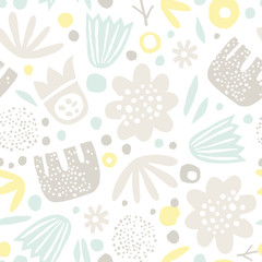 Childish seamless pattern with creative decorative flowers in scandinavian style. Great for textile, fabric, wrapper and wallpaper. Vector illustration.