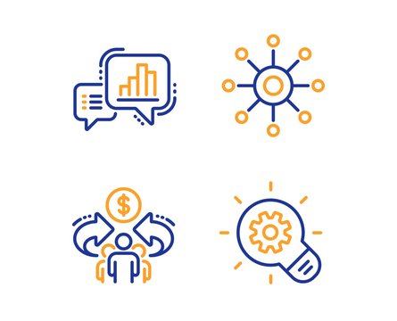 Graph chart, Multichannel and Sharing economy icons simple set. Cogwheel sign. Growth report, Multitasking, Share. Idea bulb. Science set. Linear graph chart icon. Colorful design set. Vector