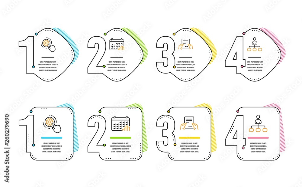 Poster cogwheel settings, calendar graph and receive file icons simple set. management sign. engineering to