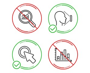 Do or Stop. Click here, Data analysis and Face id icons simple set. Diagram graph sign. Push button, Magnifying glass, Identification system. Presentation chart. Science set. Line click here do icon