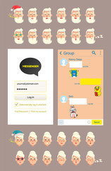 Obraz premium Interface of kakaotalk messenger vector, stickers with old man. Grandfather emoticons, granddad wearing Santa Claus hat, angry and sleepy grandmother