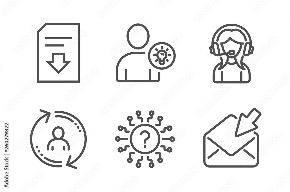 Aufkleber Support, User idea and Download file icons simple set. User info, Question mark and Open mail signs. Call center, Light bulb. Technology set. Line support icon. Editable stroke. Vector