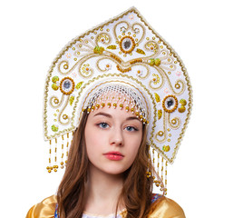 Traditional Russian folk costume, portrait of a young beautiful girl