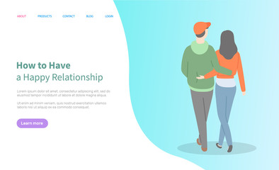 How to have happy relationship online, blue homepage decorated by hugging couple, back view of going people together, psychology mobile app vector. Website or webpage template, landing page flat style