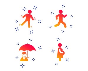 Fototapeta premium Businessman with umbrella icon. Human running symbol. Man love Woman or Lovers sign. Women Pregnancy. Life insurance. Random dynamic shapes. Gradient people icon. Vector