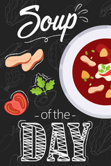 Soup of the day menu concept. Soup with ingredients in flat style.