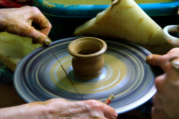 Pottery making process. Ceramic from clay. Potter in work. Art of pottery
