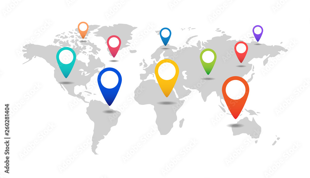 Poster world map with markers. world map with pointer labels of continents and countries.