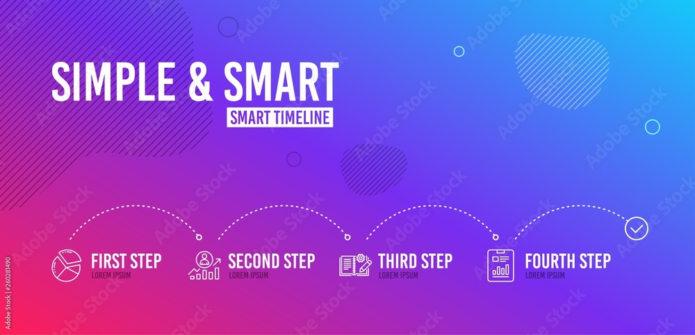 Poster infographic timeline. career ladder, engineering documentation and pie chart icons simple set. repor