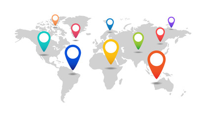 World map with markers. World map with pointer labels of continents and countries.