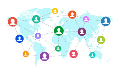 People of different nationalities, from different countries and continents, on the world map. Social network community concept.