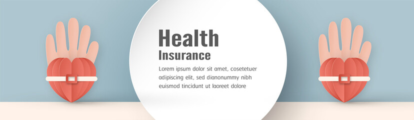 Obraz premium Vector illustration in concept of health insurance. Template design is on pastel blue background for cover, web banner, poster, slide presentation. Art Craft for kid in 3D paper cut style.