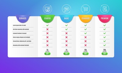 Market sale, Atm and Quick tips icons simple set. Comparison table. Seo phone sign. Customer buying, Money withdraw, Helpful tricks. Search engine. Technology set. Pricing plan. Vector