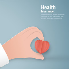 Vector illustration in concept of health insurance. Template design is on pastel blue background for cover, web banner, poster, slide presentation. Art Craft for kid in 3D paper cut style.