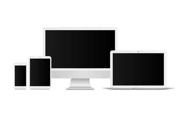 Realistic technological devices. Set of monitor, laptop, tablet, smartphone. White mockup of gadgets.