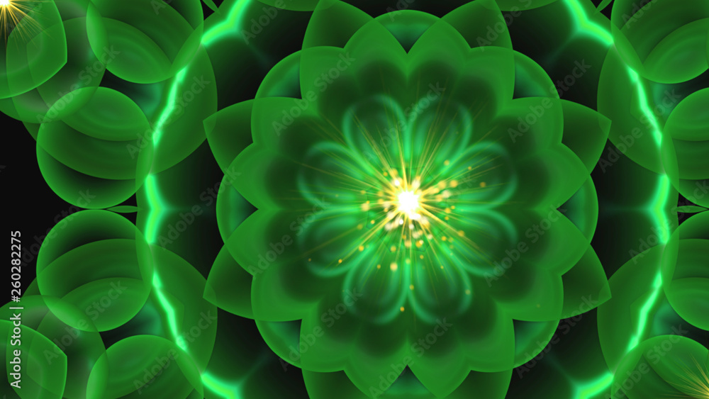 Poster beautiful symmetrical flower ornament with shining effect, 3d rendering, computer generated backgrou