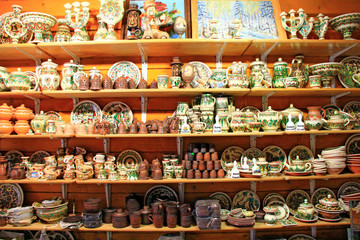 Products of ceramics on sale in shop. Handicraft of making pottery