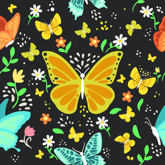 Butterflies and flowers vector illustration seamless pattern background