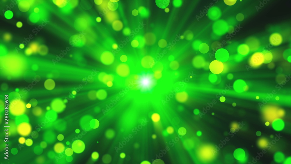 Aufkleber blurred green lights as sun rays and shine particles with bokeh effect, 3d render background, comput