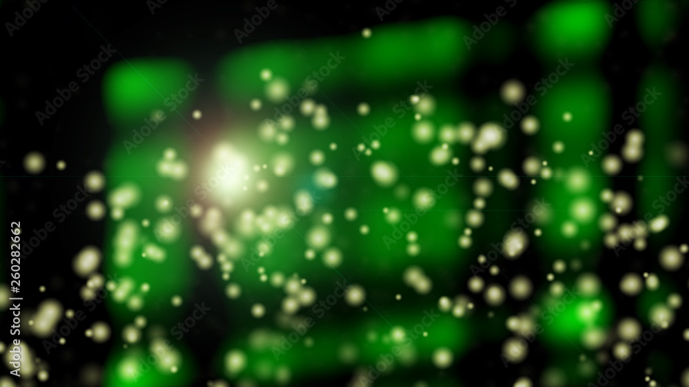 Poster green transparent windows out of focus and flying shining particles, 3d rendering, computer generate