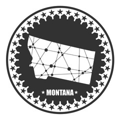 Image relative to USA travel. Montana state map textured by lines and dots pattern. Stamp in the shape of a circle