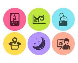 Crane claw machine, Moon stars and Package location icons simple set. Financial diagram, Tea bag and Presentation signs. Attraction park, Night. Flat crane claw machine icon. Circle button. Vector