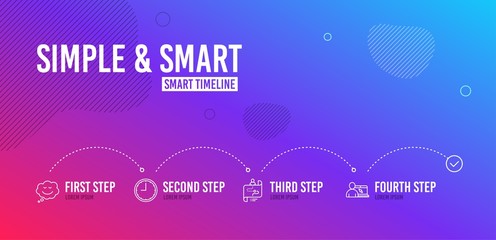 Infographic timeline. Time, Speech bubble and Journey path icons simple set. Online education sign. Office clock, Comic chat, Project process. Internet lectures. Technology set. 4 steps layout. Vector