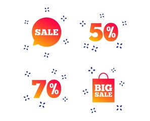 Sale speech bubble icon. 50% and 70% percent discount symbols. Big sale shopping bag sign. Random dynamic shapes. Gradient shopping icon. Vector
